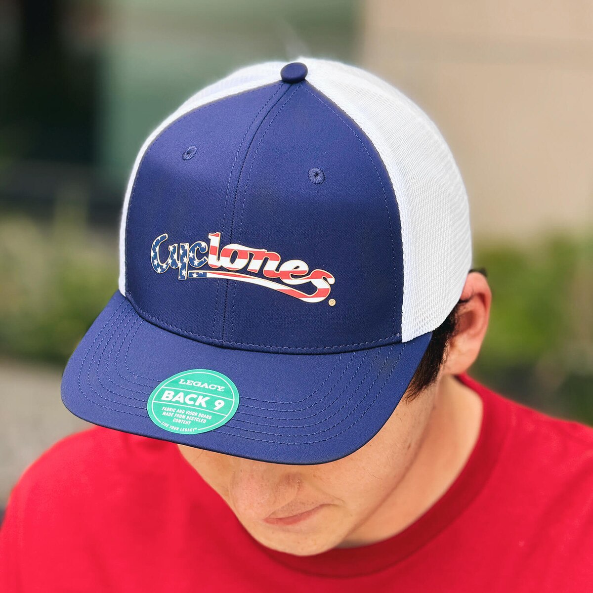 Legacy Patriotic Cyclones Script Navy Adjustable Trucker Hat front